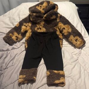 Brown and Tan Fleece Hoodie and Pants Set
